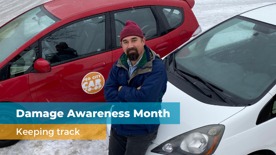 Damage awareness Month, Keeping track, Will Belford standing near Peg City Vehicles