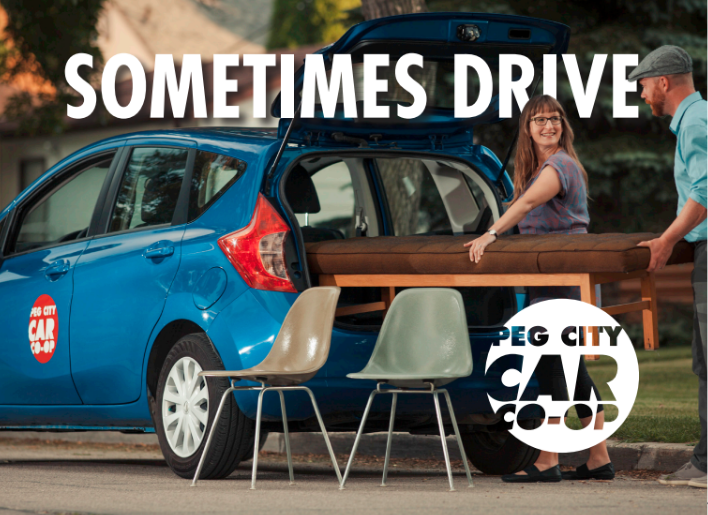 Text: sometimes Drive, Peg City Car Co-op. Couple loading chairs into a co-op car
