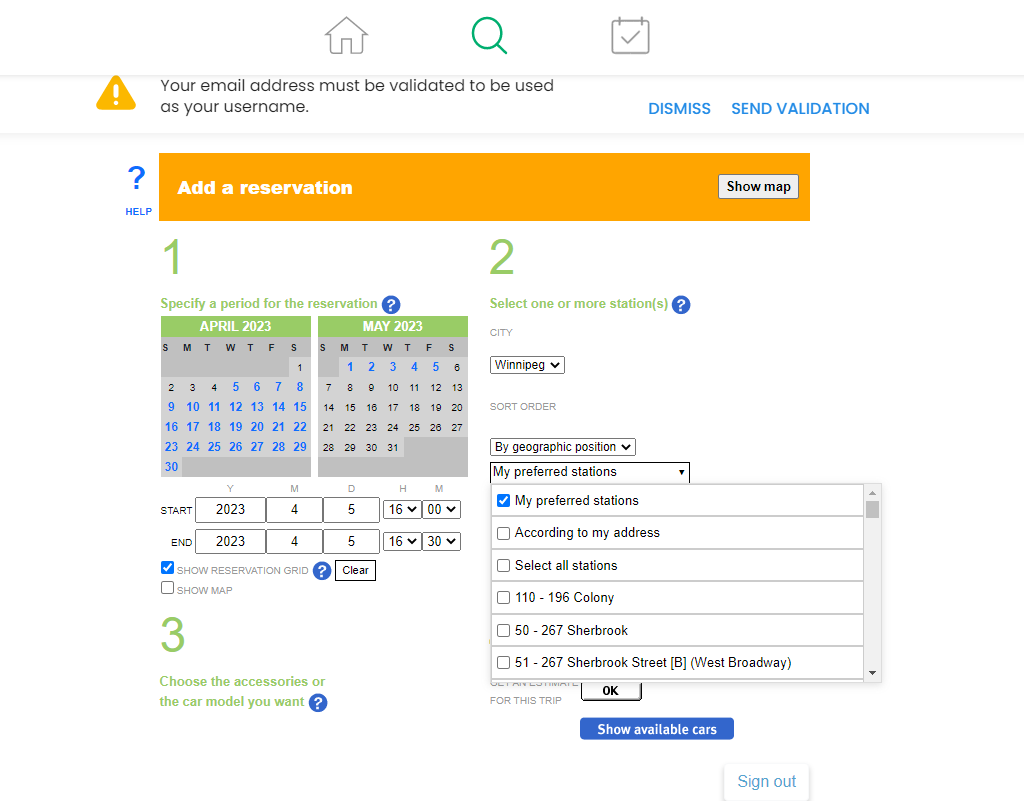 screenshot of website booking page