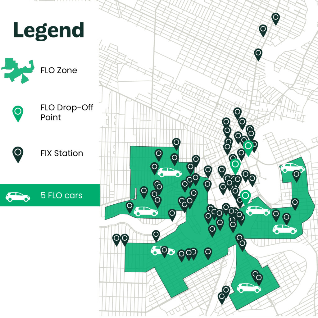 A map displaying the FLO Zone, FLO cars, FLO Drop-Off Points, and FIX stations
