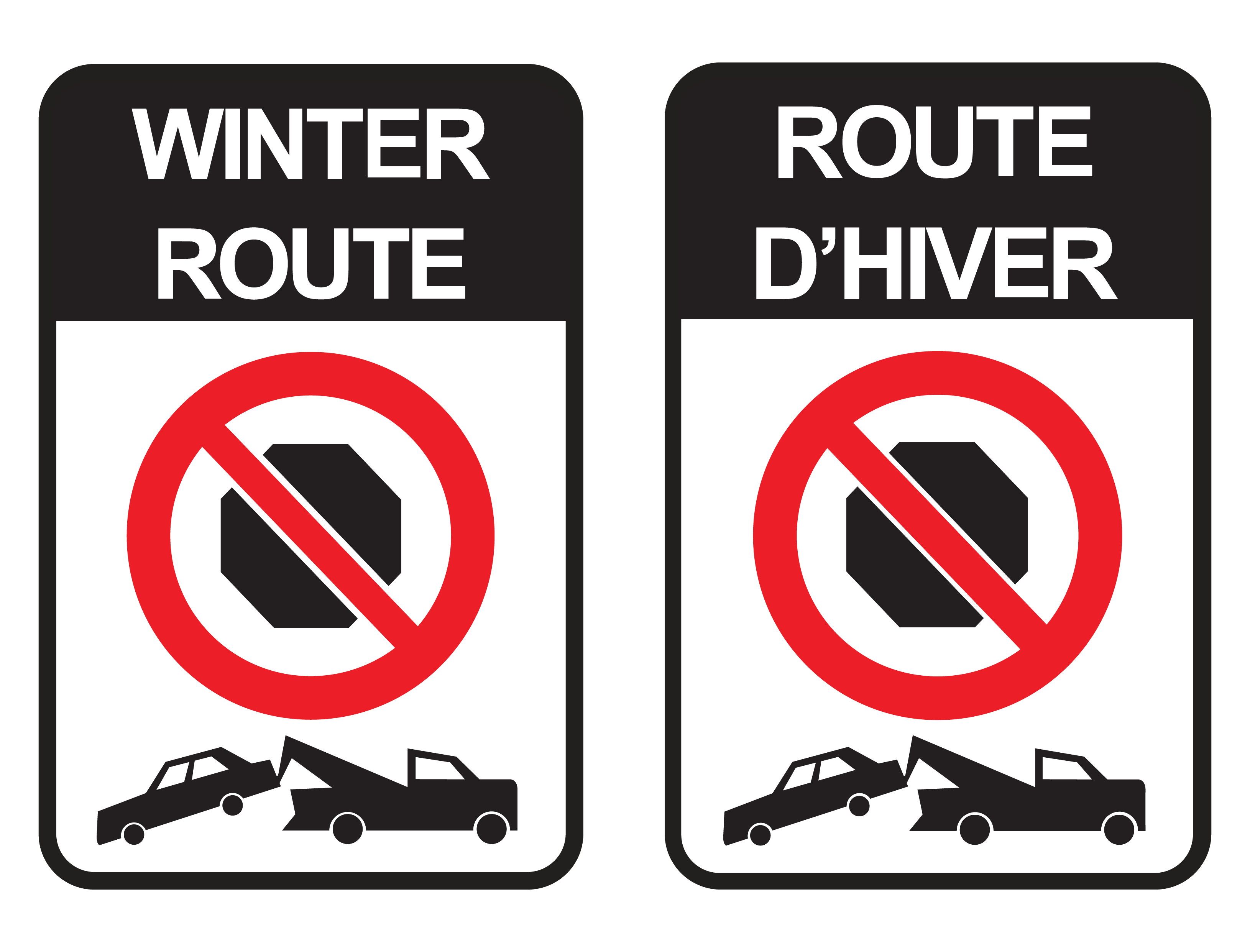 Winter route parking signage in English and French. Each sign has a no stopping and tow symbol on it.